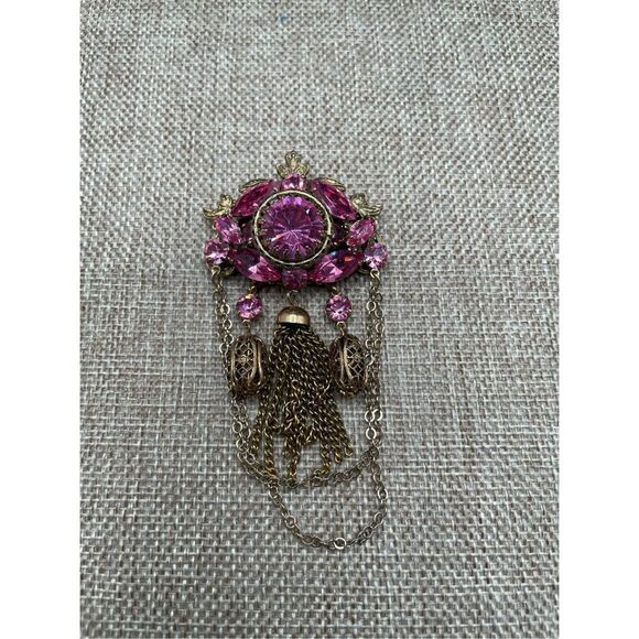 Vintage  Russian Soviet Bronze Beautiful Lacy Women's Brooch Pendant Flower Pink - Picture 8 of 9